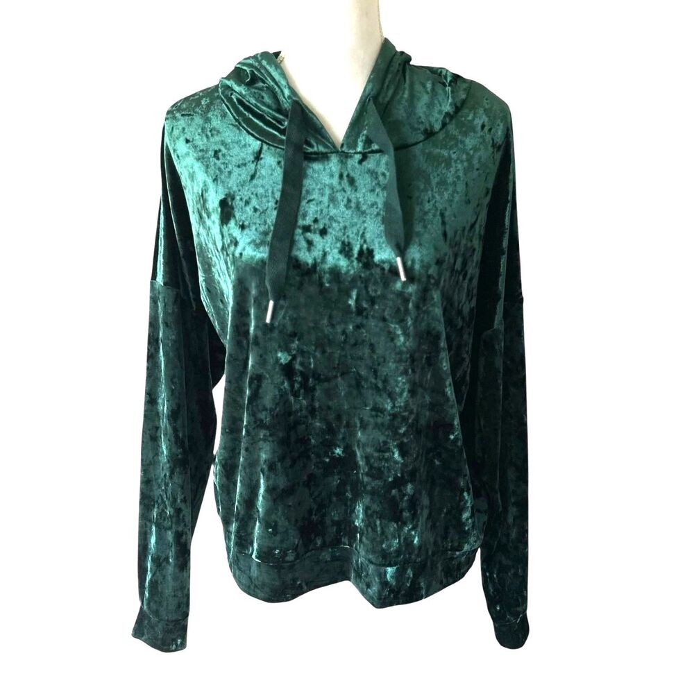 Alfani Intimates Crushed Velvet Hoodie Top Green Pullover Size L Lounge